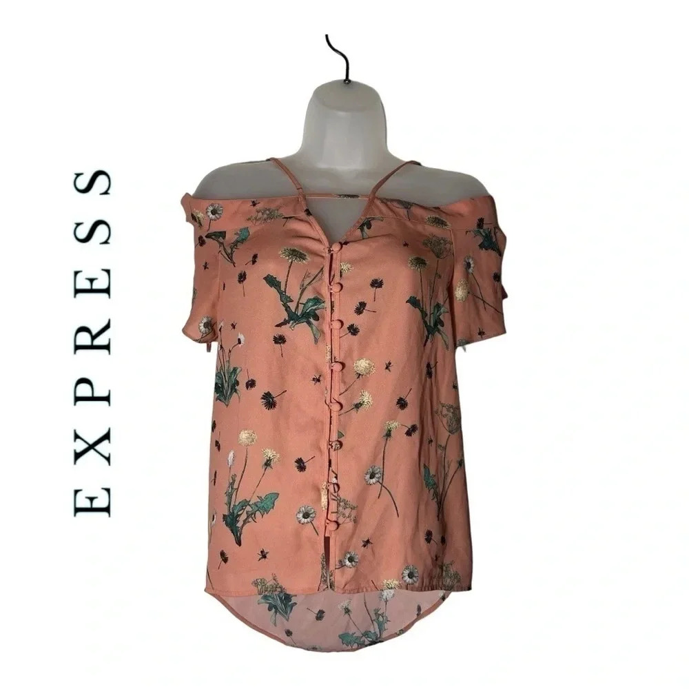 1810. EXPRESS‎ OFF SHOULDERS SPAGHETTI STRAPS BLOUSE FULLT BUTTON UP SIZE XSMALL